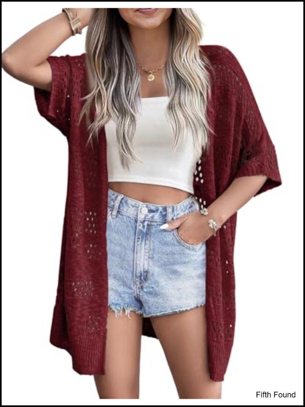 Lightweight Crochet Open Front Batwing Short Sleeve Cardigan
